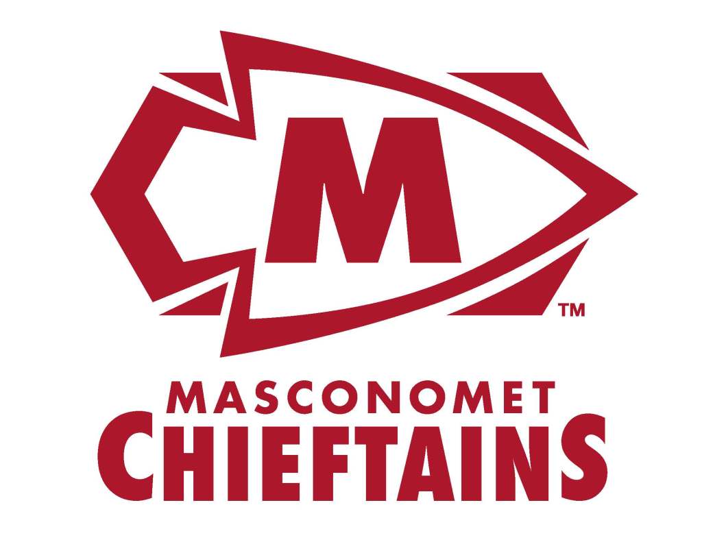 Arrowhead logo with ''M' in the middle and text below reading "Masconomet Chieftains"