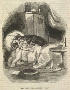 Engraving of a vampire leaning over a woman in bed, sucking the blood from her neck