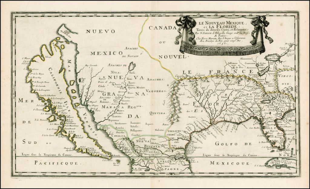 Map of colonial American Southwest featuring mountains, rivers, and coastline.