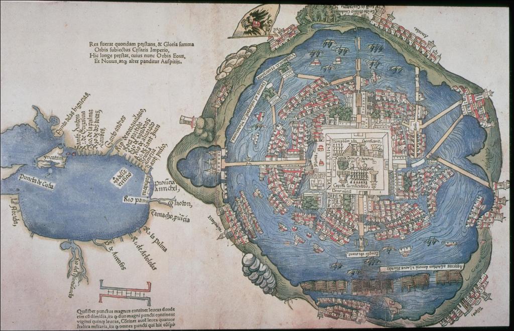 The left hand side of the map represents, at a very different scale than that of the city, the Gulf Coast and Southeastern United States, including Florida. On the right is the city of Tenochtitlan, and the map shows the raised causeways that linked the island city to the mainland. At the center of the city is the temple precinct of Tenochtitlan, and at its center are the twin temples that were dedicated to the pre-Hispanic deities Tlaloc and Huitzilopochtli.